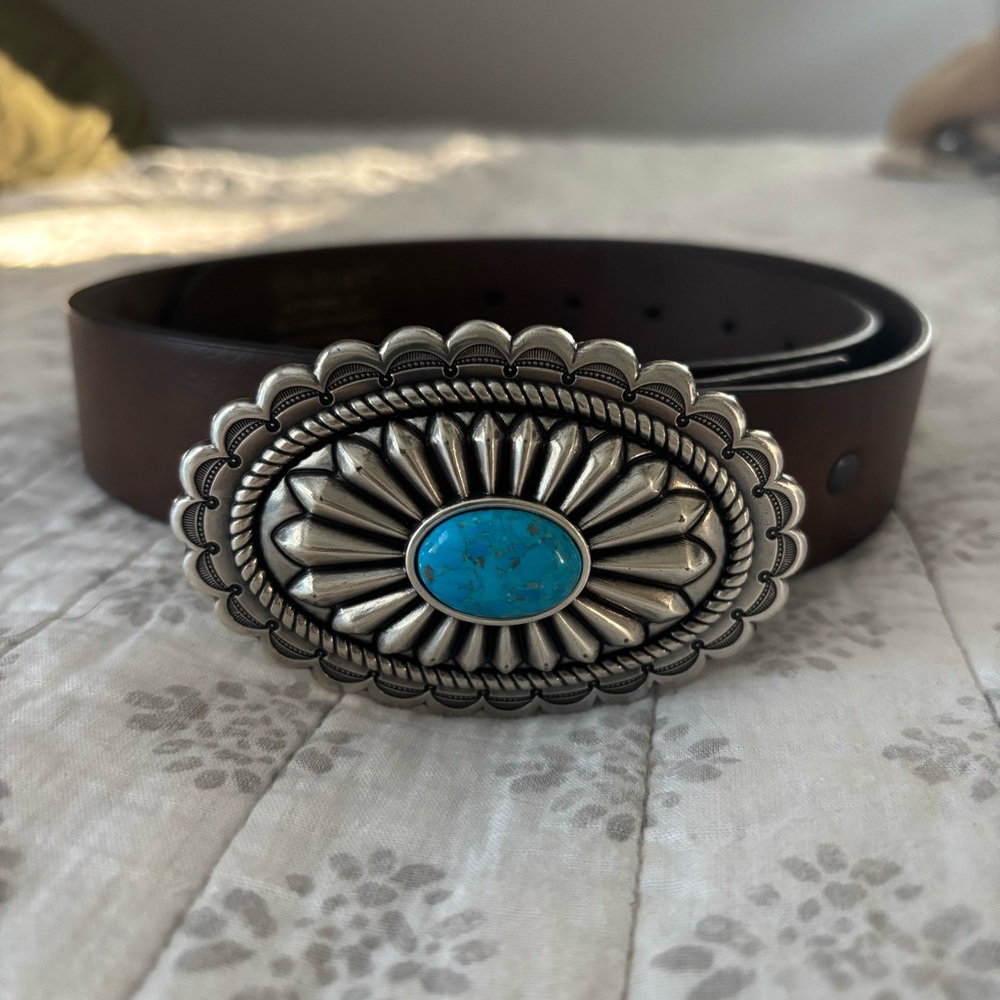 Ariat Brown Belt with Silver and Turquoise Buckle
